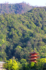 Distant image of a red temple between the mountains with jungle