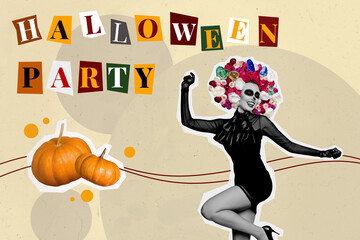 Collage 3d image of pinup pop retro sketch of attractive female calavera catrina costume dancing have fun pumpkin halloween party magazine
