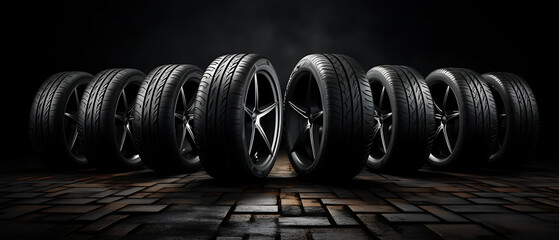 New Car Tires Against a Dark Backdrop - obrazy, fototapety, plakaty