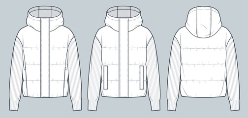 Padded Hood Jacket technical fashion Illustration. Down Cardigan, Jacket with knitted sleeves technical drawing template, pocket, rib, front and back view, white, women, men, unisex CAD mockup set. © Liubov Hladka