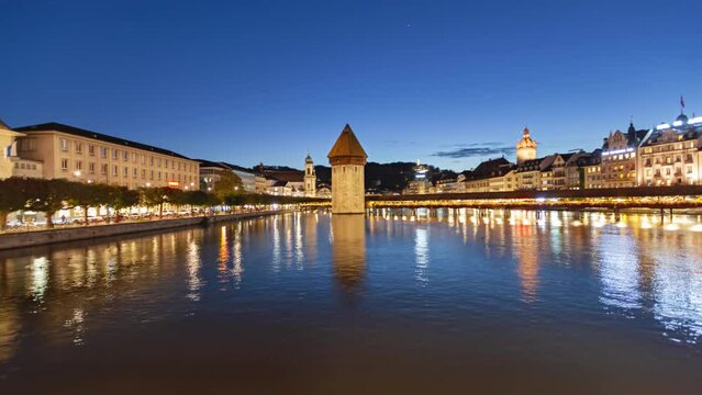 Day to night hyper lapse panorama Lucerne old town, Switzerland.