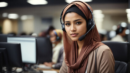 Beautiful muslim businesswoman wearing microphone headset working with team in call center office.