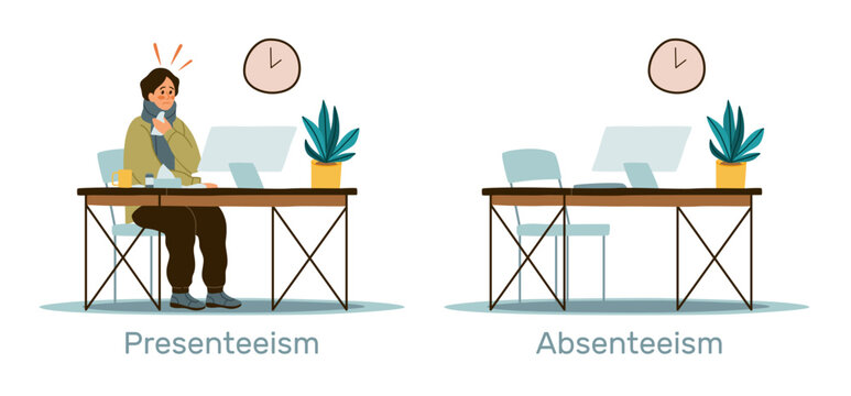 Absenteeism and presenteeism in workplace. Sick and tired man with low productivity and efficiency at work. Overwork person office. Time management. Cartoon flat isolated vector concept