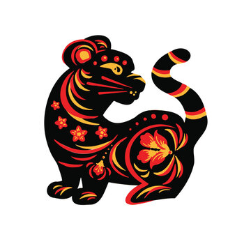 black tiger with ethnic Russian painting, symbol, vector