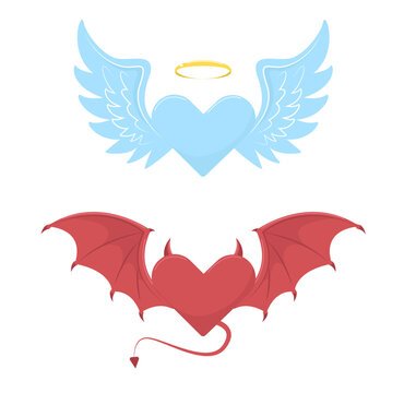 Angel and devil hearts with wings. Blue and red heart. Golden halo, bat wings and tail. Halloween decorative element. Hell and heaven symbol, cartoon flat style isolated vector concept