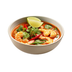 spicy tom yum with shrimps and lime isolated on white background, ai generated