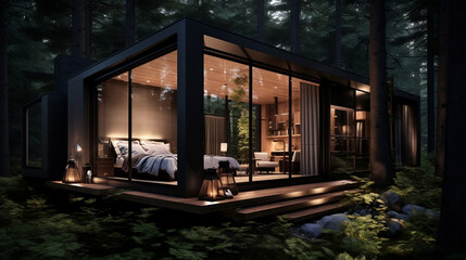 Bright luxury wooden forest home architecture design night exterior modern grass building house