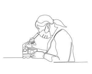 Continuous one line drawing of female scientist working using microscope. Research and science concept illustration. Editable stroke. 	