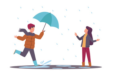 Fototapeta premium Boy carrying umbrella for girl in rain. Kind child with good manners offers help. Kids in warm autumn outdoor clothes walking on puddles. Cartoon flat style isolated vector concept