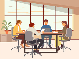 Business negotiations. Teamwork in office, people in suits sitting at table, agreement conclusion, work meeting. Transaction discussion, cartoon flat style isolated vector concept