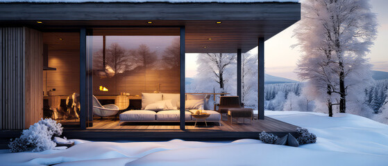 Modern villa facade. Winter, snowy terrace suburban house. Luxury exterior design scene. Backyard....
