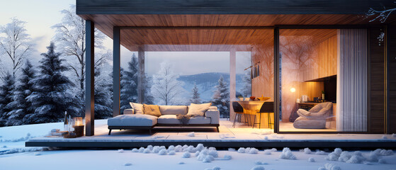 Modern villa facade. Winter, snowy terrace suburban house. Luxury exterior design scene. Backyard. Vacation, wellness, resort, hotel, penthouse.Generative ai