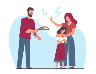 Concept of family violence, husband beats wife and child with belt. Mother protect child from aggressive father. Family conflict and domestic violence problem. Cartoon flat vector illustration
