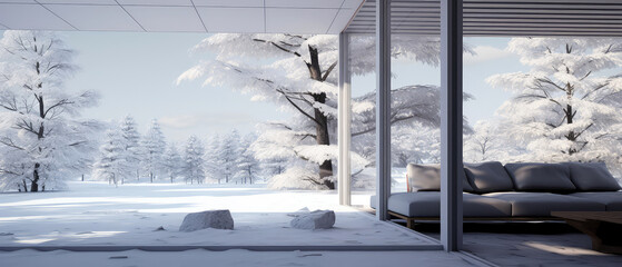 Modern villa facade. Winter, snowy terrace suburban house. Luxury exterior design scene. Backyard. Vacation, wellness, resort, hotel, penthouse.Generative ai