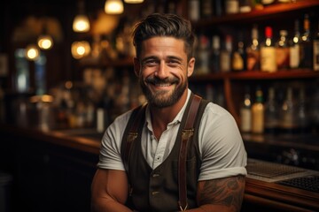 Fototapeta na wymiar Portrait of a smiling bartender at a bar counter.