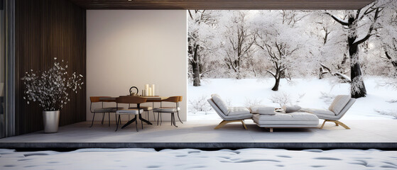  Winter, snowy patio of suburban penthouse. Luxury exterior design scene.Villa facade, backyard terrace, with couches and lounge chairs. Vacation, wellness, resort, hotel, penthouse.Generative ai