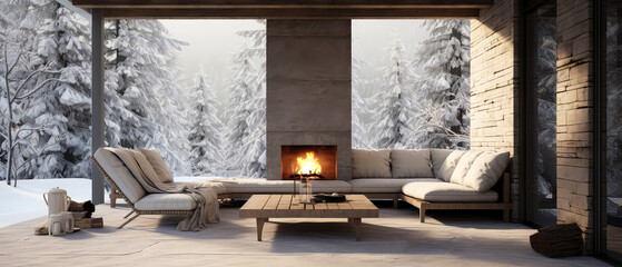  Winter, snowy patio of suburban penthouse. Luxury exterior design scene.Villa facade, backyard terrace, with couches and lounge chairs. Vacation, wellness, resort, hotel, penthouse.Generative ai
