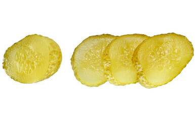 Slice marinated pickled cucumbers isolated on a transparent background.