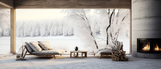 Winter, snowy patio of suburban penthouse. Luxury exterior design scene.Villa facade, backyard terrace, with couches and lounge chairs. Vacation, wellness, resort, hotel, penthouse.Generative ai - obrazy, fototapety, plakaty