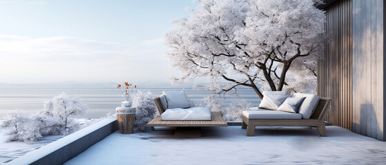 Winter, snowy patio of suburban penthouse. Luxury exterior design scene.Villa facade, backyard terrace, with couches and lounge chairs. Vacation, wellness, resort, hotel, penthouse.Generative ai - obrazy, fototapety, plakaty