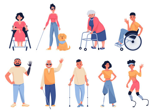 Disability characters. People with prosthesis and auxiliary elements, positive persons with special needs, blindness, limbs lack. Paralyzed man and woman on wheelchair cartoon flat vector set