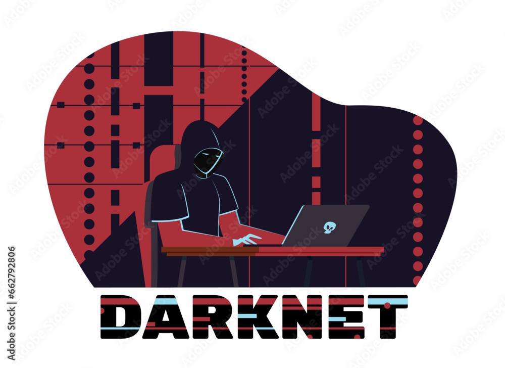 Poster hacker sits behind laptop, darknet user. man searching hidden information in dark net, stealing pers