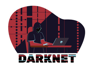 Hacker sits behind laptop, darknet user. Man searching hidden information in dark net, stealing personal data, banking crime. Cyber scammer. Cartoon flat style isolated vector concept