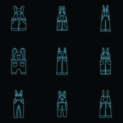 Overalls workwear icons set. Simple illustration of 9 overalls workwear vector icons neon color on black