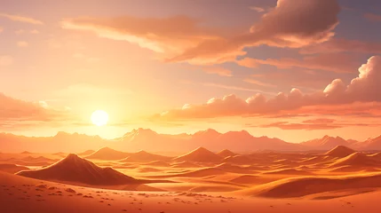 Cercles muraux Orange Produce a breathtaking visual of a desert landscape at sunset, with towering sand dunes and the fiery sun dipping below the horizon, illustrating the stark beauty and solitude of desert environments