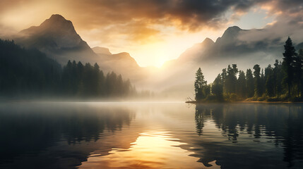 Design an image of a serene mountain lake at sunrise, with mist rising from the water's surface and the surrounding peaks bathed in soft, golden light, capturing the tranquility and majesty of nature
