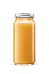 Baby food in long jar with metal twist-off lid isolated. Transparent PNG image.