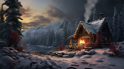 Craft a scene of a remote wilderness cabin nestled in a snow-covered forest, with smoke rising from the chimney and a pristine winter landscape, evoking the solitude and coziness of remote getaways - obrazy, fototapety, plakaty