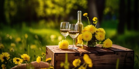 Wine and yellow dandelion flowers , concept of Vineyards