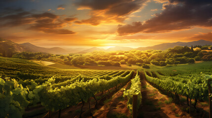 Create an image of a rolling vineyard with rows of grapevines under a golden sunset, capturing the...