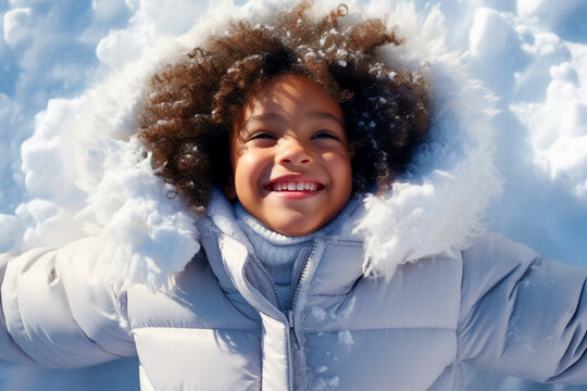 A cute little dark-skinned girl in a white warm jacket lies on the snow and makes a snow angel
