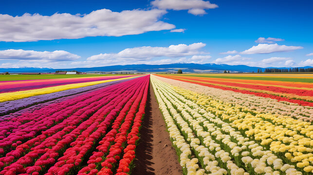 Create an image of a vibrant and colorful flower field in full bloom, with rows of flowers as far as the eye can see, representing the beauty and abundance of floral landscapes