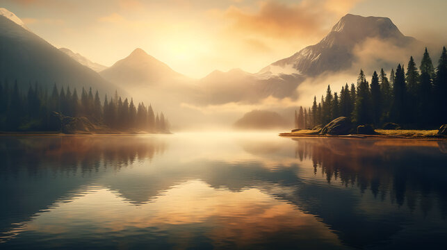Design an image of a serene mountain lake at sunrise, with mist rising from the water's surface and the surrounding peaks bathed in soft, golden light, capturing the tranquility and majesty of nature