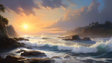 Obraz premium Capture a moment of a serene coastal cliff at dawn, with waves crashing against the rocks and a dramatic sky painted in pastel colors, epitomizing the raw power and sublime beauty of coastal landscape