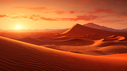 Fototapeta na wymiar Produce a breathtaking visual of a desert landscape at sunset, with towering sand dunes and the fiery sun dipping below the horizon, illustrating the stark beauty and solitude of desert environments