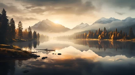 Washable wall murals Morning with fog A serene mountain lake at sunrise, with mist rising from the water's surface and the surrounding peaks bathed in soft, golden light, capturing the tranquility and majesty of nature