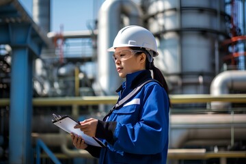 An Asian woman in a uniform and helmet, a working specialist at a gas production plant. - obrazy, fototapety, plakaty
