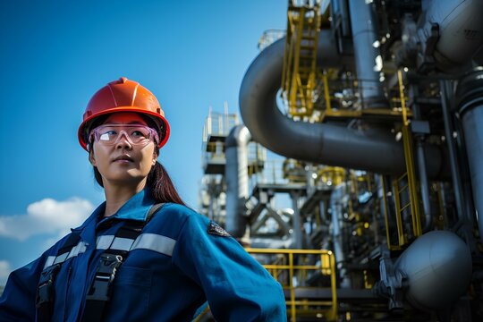An Asian woman in a uniform and helmet, a working specialist at a gas production plant.