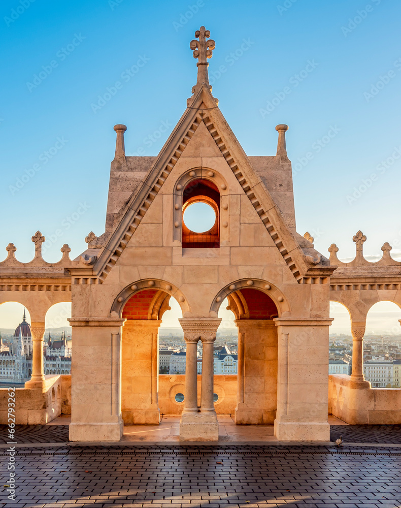 Poster fisherman bastion at sunrise, budapest, hungary