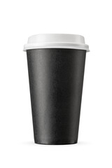 Paper cup with plastic lid for coffee, tea, hot beverages to go. Take away container isolated. Transparent PNG image.