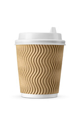 Brown paper coffee cup with corrugated cardboard sleeve isolated. Transparent PNG image.