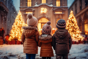 Three small children are standing near a beautifully decorated church for Christmas. They admire the bright lights of the garlands on the Christmas trees and the building - obrazy, fototapety, plakaty