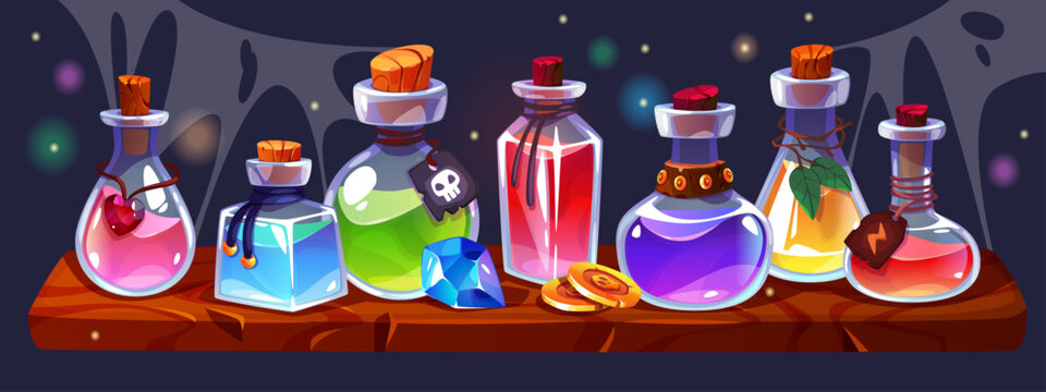 Potion bottles on wooden shelf. Alchemist or witch magic elixirs in different glass jars, gui inventory elements, game witchcraft liquids, gem stone and golden coin on table. Tidy vector concept