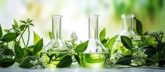 Extracting organic compounds from herbal leaves to create a laboratory solution with a floral scent With copyspace for text