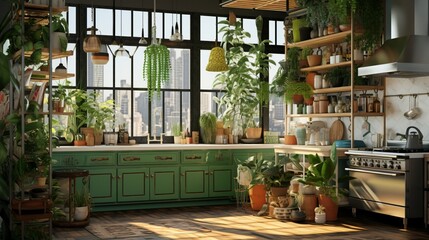 Fototapeta na wymiar An urban jungle kitchen with botanical prints and hanging planters