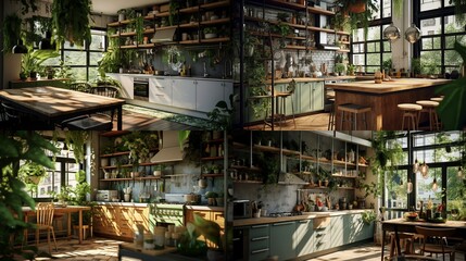 An urban jungle kitchen with botanical prints and hanging greenery